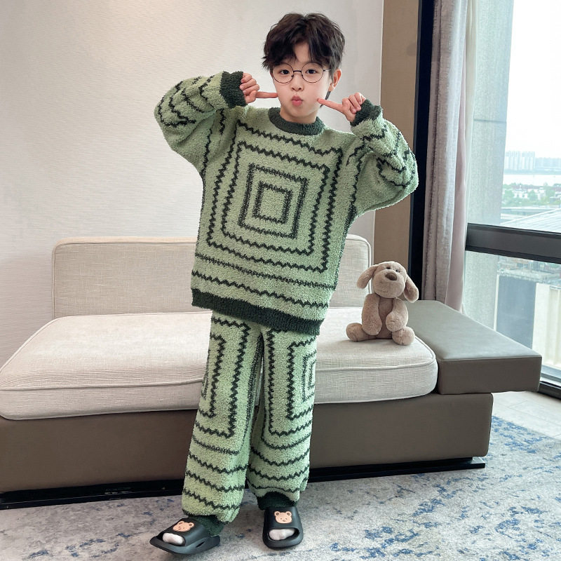 男童睡衣套装珊瑚绒秋冬款新款儿童法兰绒家居服男孩冬加绒厚，童装家居服（睡衣），摩比熊