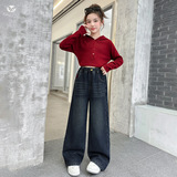 女童年冬季新款时尚V字绣花加绒牛仔裤女大童户外保暖直筒裤，童装裤子，摩比熊