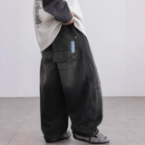 男童加绒裤子秋冬款新款大儿童冬季一体绒牛仔裤加厚长裤帅气，童装裤子，摩比熊