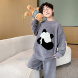 新款秋冬季时髦休闲加绒加厚家居服中大儿童男童睡衣套装潮牌，童装家居服（睡衣），摩比熊