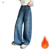 女童牛仔裤加绒年秋冬新款中大童樱桃刺绣阔腿裤休闲直筒长裤，童装裤子，摩比熊