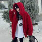 女童夹棉外套年冬季新款红色毛毛衣中大童休闲连帽棉衣圣诞风，童装外套，摩比熊