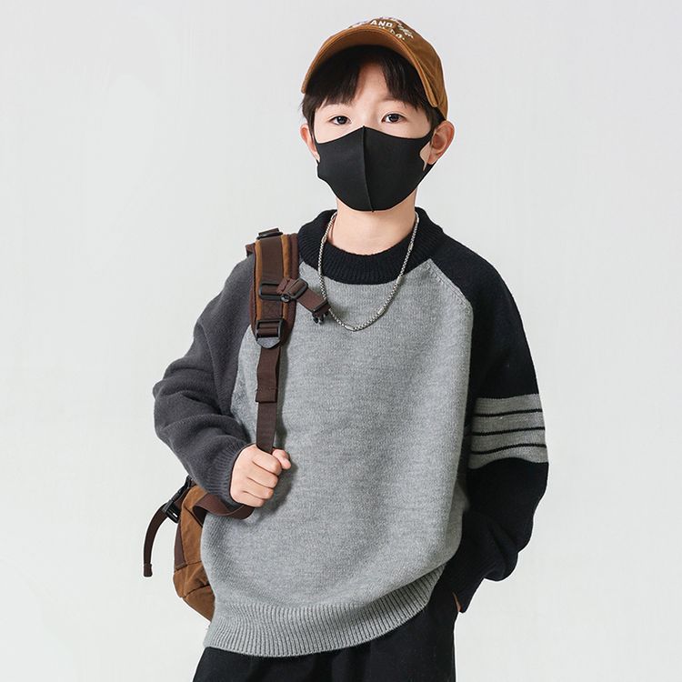 男童秋装撞色插肩袖圆领毛衣新款儿童休闲毛线衣秋冬打底衫潮，童装毛衣，摩比熊