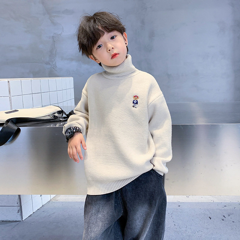 男大童卡通加厚一体绒高领打底毛衣冬装新款儿童保暖针织线衣，童装毛衣，摩比熊