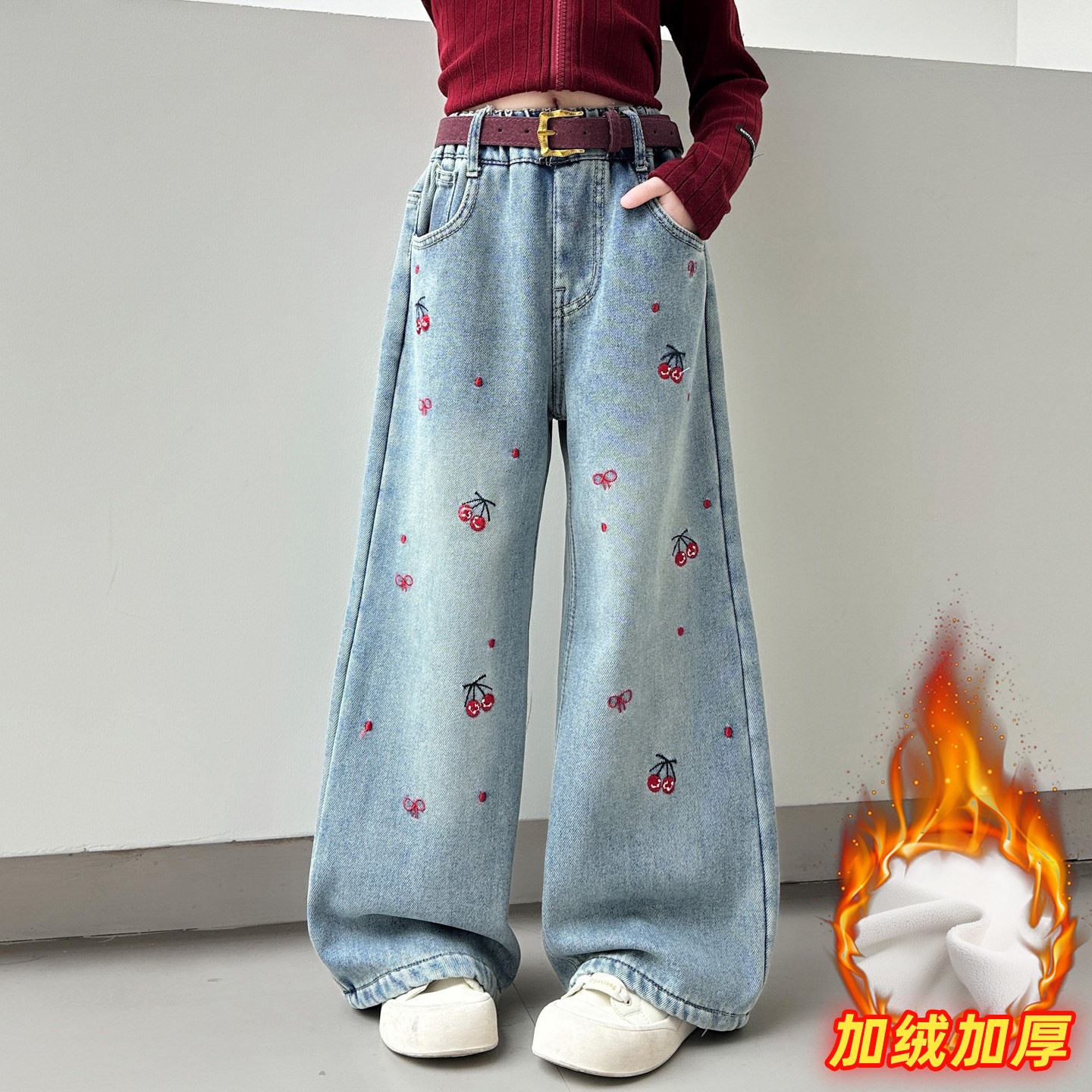 女童加绒牛仔裤秋冬装新款大童洋气加厚阔腿裤女孩冬季长裤子，童装裤子，摩比熊