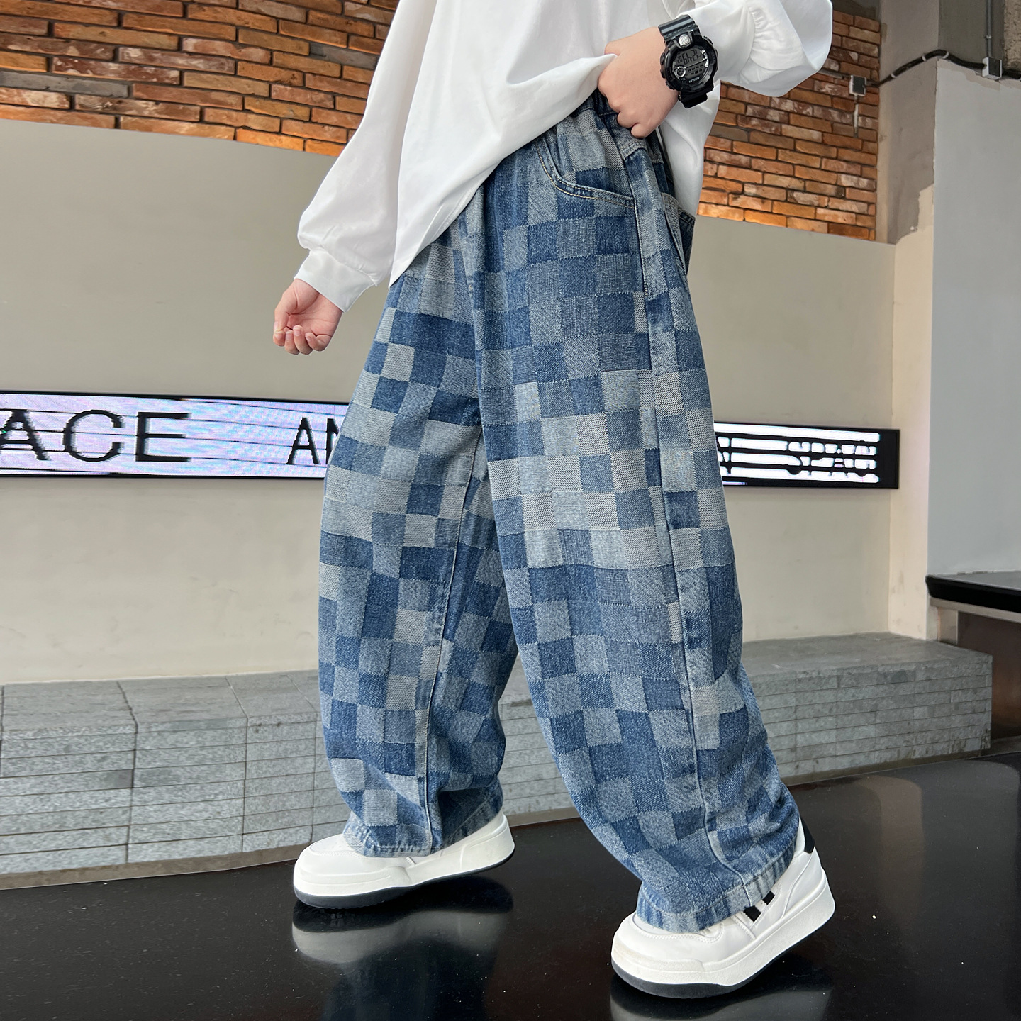 男童秋装格子直筒牛仔裤大童新款儿童装宽松浅色个性裤子长裤,童装裤子,摩比熊 男童秋装格子直筒牛仔裤大童新款儿童装宽松浅色个性裤子长裤,童装裤子,摩比熊