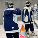 男童冬装棉服外套秋冬新款大童男孩帅气冬季加绒连帽拼接棉衣，童装棉衣，摩比熊