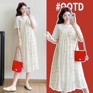 时尚 孕妇装 韩版 夏季 气质减龄可盐可甜假两件套孕妇连衣裙 2025新款