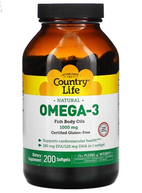 美国Country Life天然欧米伽-3鱼油1000mg胶囊 EPA180mg DHA120mg