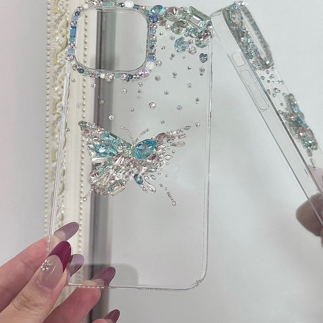 高级闪钻蓝蝴蝶苹果17promax独特手机壳新款16plus透明15女141312