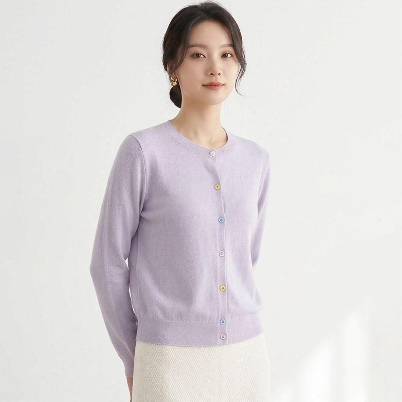 春秋季紫色纯棉开衫女低圆领彩色扣子针织衫长袖外搭休闲时尚上衣