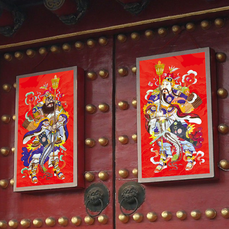 门神门贴2024新年春节过年复古风杨柳青手绘年画茶楼祠堂特大号