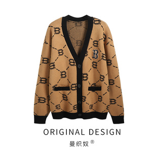 复古字母B老花针织开衫女秋冬韩版慵懒风中长款软糯毛衣外套上衣