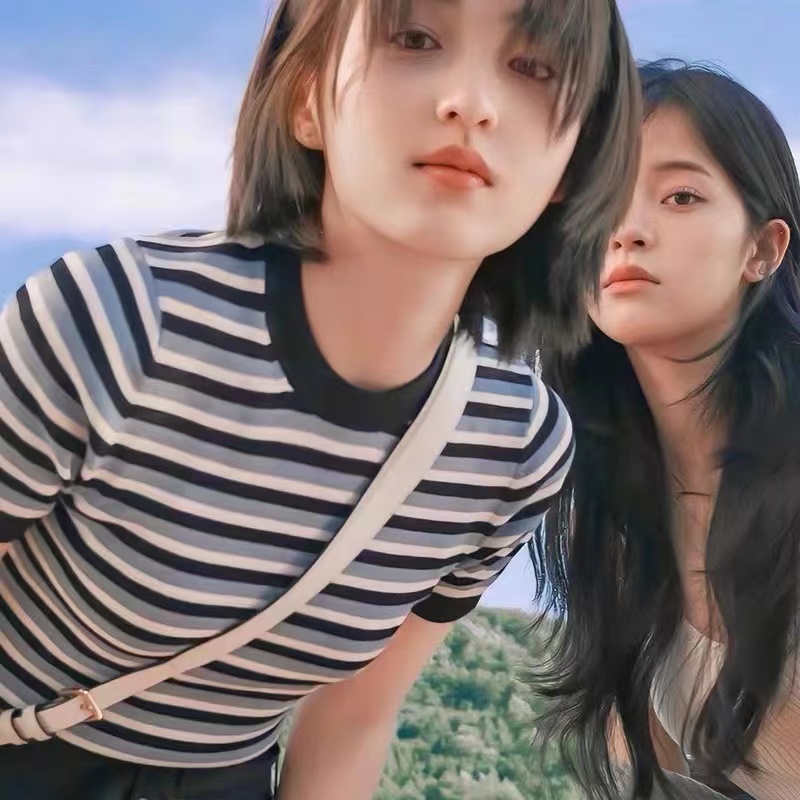 短袖韩版薄条纹针织女张子枫同款