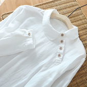 白色简约春秋季 T恤女 长袖 新款 棉麻娃娃领套头简约风上衣纽扣棉款