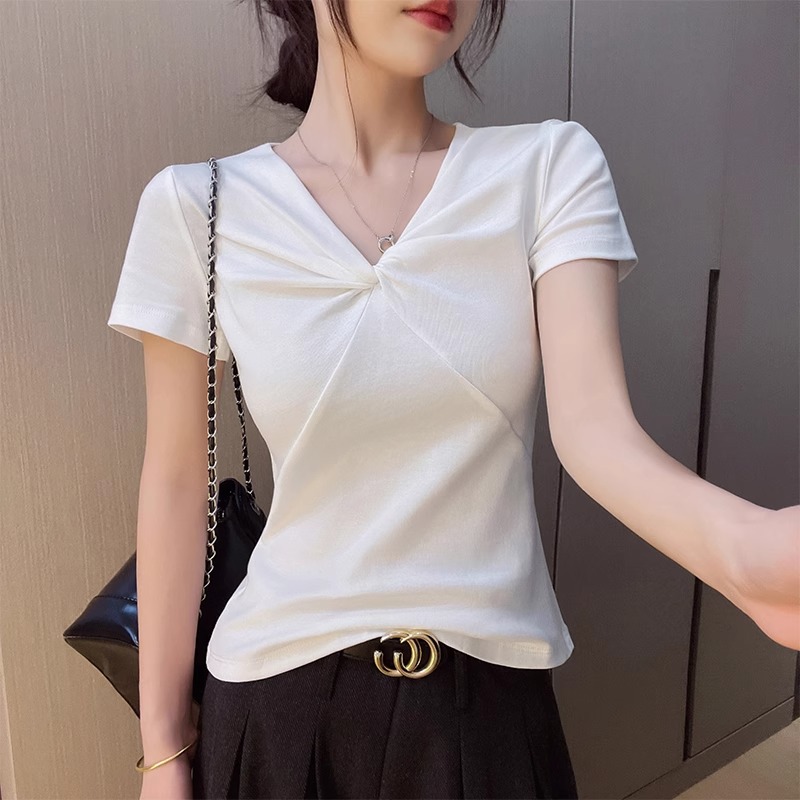 今年夏季新款莫代尔T恤衫女装韩版女装高级感法式扭结V领短袖上衣