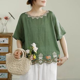 女刺绣文艺复古风休闲百搭宽松圆领 夏季 舒适薄款 拼接新款 棉麻小衫