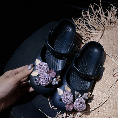 重工玫瑰花洞洞鞋配饰鞋花适配crocs卡骆驰装饰配件鞋扣芭蕾鞋