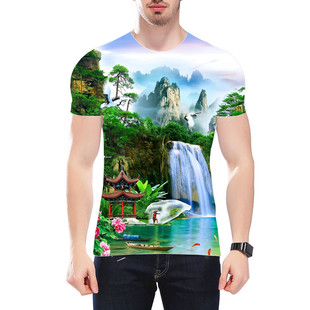 2021夏季新款 青山绿水 白鹤鱼儿3D印花T恤宽松 潮流男士休闲短袖