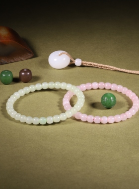 6mm桃花手链新疆和田玉和田玉白玉圆珠手串男女款文玩饰品手饰