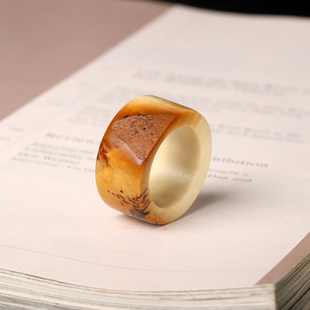 21mm黄沁扳指苏工新疆和田籽料黄玉玉戒指黄沁意境风景扳指指环