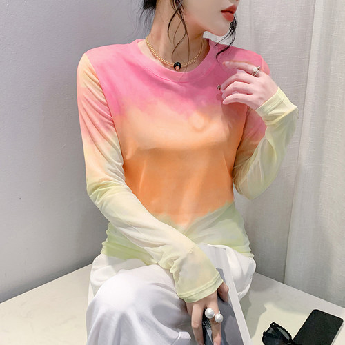 时尚圆领气质扎染长袖夏季新款T恤女修身网纱薄款上衣防晒罩纱潮