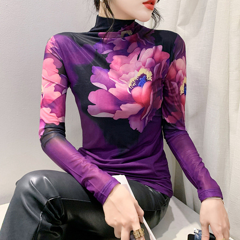 加绒加厚半高领上衣性感网纱扎染印花T恤女长袖时尚减龄修身小衫,女装/女士精品,T恤,淘宝优惠券,粉丝福利购,淘宝优惠卷