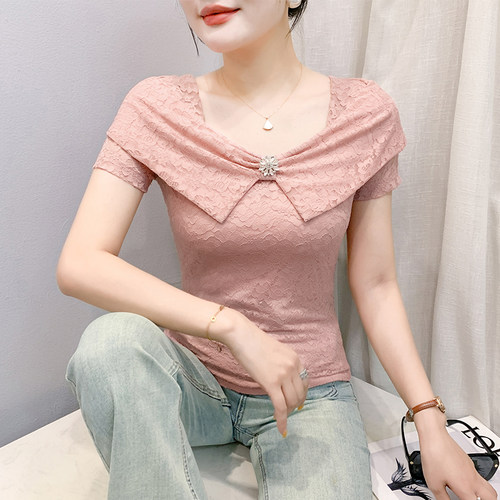 性感方领蕾丝衫女夏季洋气设计感荷叶边上衣气质显瘦短袖t恤小衫