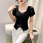 气质拼接烫钻打底衫 设计感蝴蝶结女短袖 欧货T恤方领开叉上衣修身
