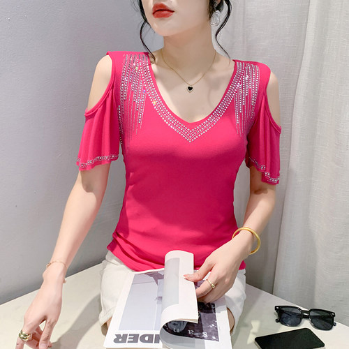 设计感露肩V领镶钻欧货夏季T恤女时尚双层冰丝网纱上衣修身小衫潮