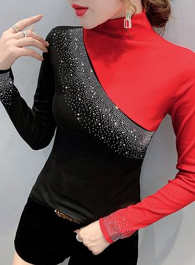 加绒加厚打底衫女秋冬洋气百搭拼色烫钻T恤女长袖半高领保暖上衣