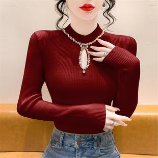 半高领毛衣打底衫女秋冬性感镂空重工钉珠针织衫长袖修身内搭上衣