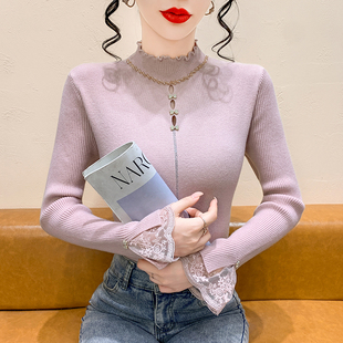 毛衣打底上衣 长袖 蕾丝拼接镂空钉钻半高领针织衫 女秋冬高级感修身