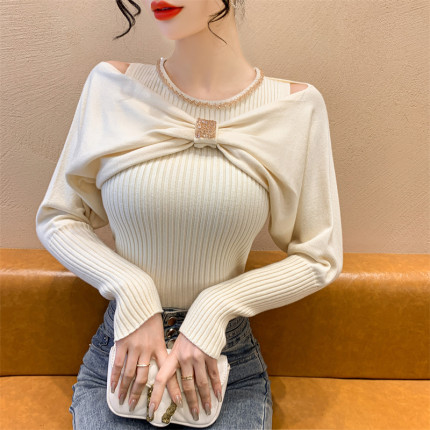 长袖打底衫2024新款女秋冬钉珠露肩两件套毛衣设计感内搭冬季上衣