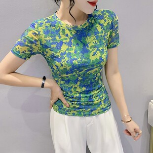 时尚印花圆领T恤女短袖修身显瘦洋气上衣性感网纱小衫欧货ins丅恤