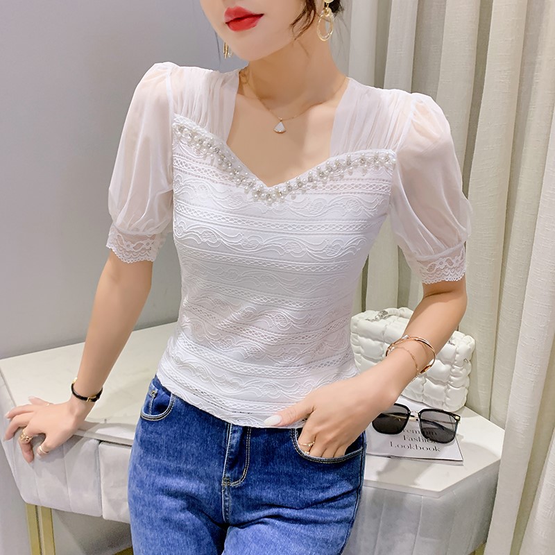蕾丝衫女短袖夏季气质网纱拼接上衣