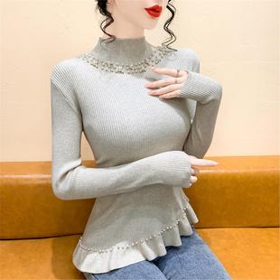 不规则花边重工珍珠半高领针织衫 百搭打底上衣 女秋冬独特漂亮修身