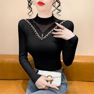 修身 长袖 内搭上衣 女秋冬欧货网纱拼接钉珠针织衫 半高领毛衣打底衫