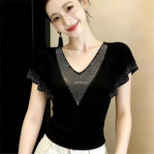 2026年夏季新款女装v领玻璃网钻荷叶短袖高级感修身显瘦t恤小衫潮