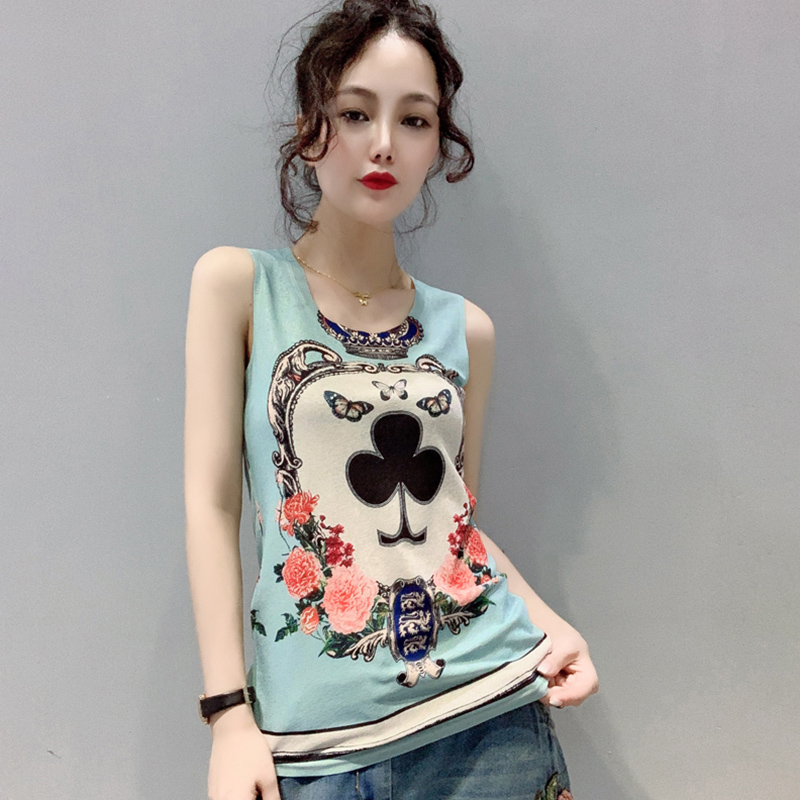 欧洲站2024夏装新款短款吊带小背心女式外穿无袖打底衫印花t恤女