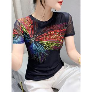 高级感修身 新款 洋气百搭打底上衣 T恤女夏装 欧货重工印花网纱短袖