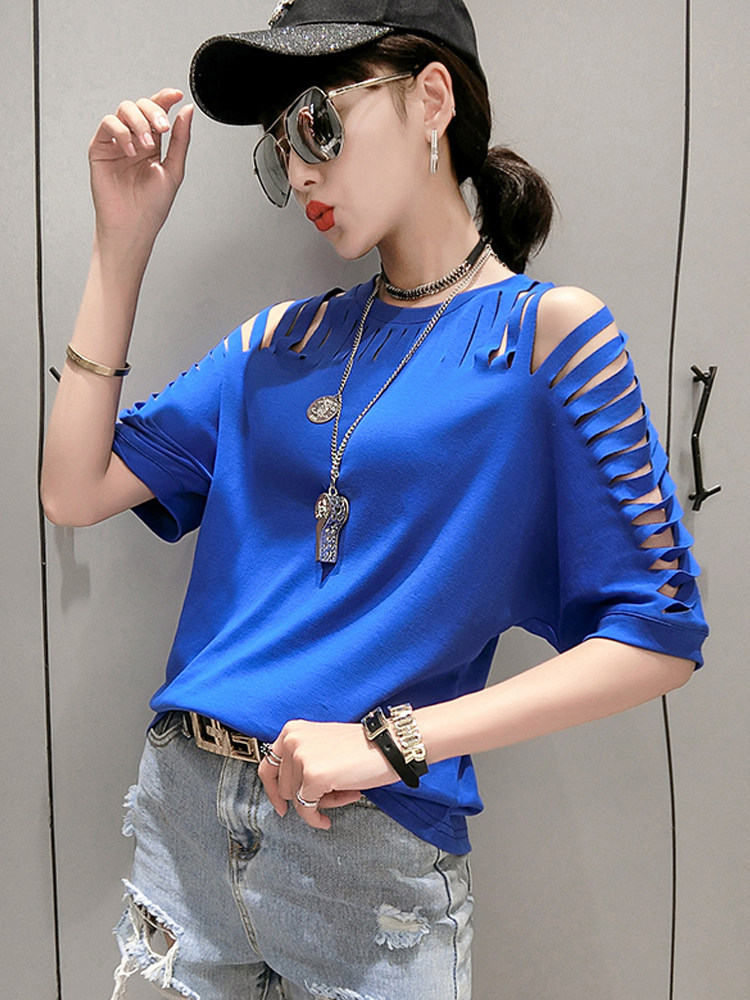 夏装新款破洞t恤女短袖宽松社会上衣露肩性感小衫半袖乞丐体血潮