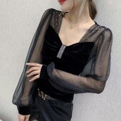 打底衫 欧洲站2024秋冬新款 女T恤 修身 显瘦女上衣长袖 重工小衫 韩版