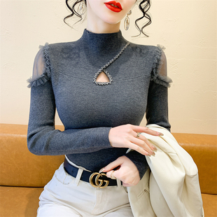 网纱拼接洋气针织衫 时尚 毛衣女秋冬新款 性感镂空钉钻半高领打底衫