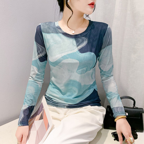 2024秋装新款时髦减龄印花上衣女长袖百搭圆领网纱打底衫内搭t恤