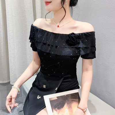 欧货性感一字领露肩上衣女设计感荷叶边网纱短袖t恤紧身百搭小衫