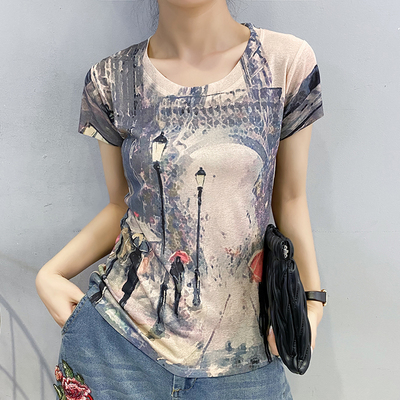 欧洲站2024夏装新款时尚个性印花短袖打底衫修身显瘦上衣女洋气t