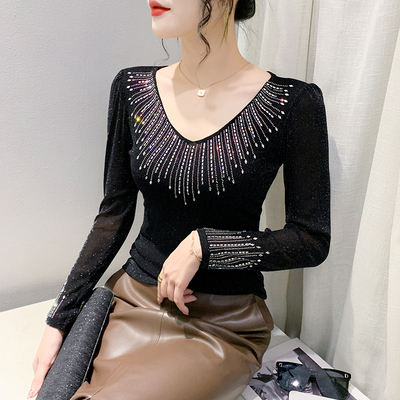 长袖通勤常规拼接性感V领网纱