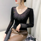 显瘦打底衫 性感V领网纱T恤女长袖 欧货重工烫钻上衣洋气修身 女秋冬