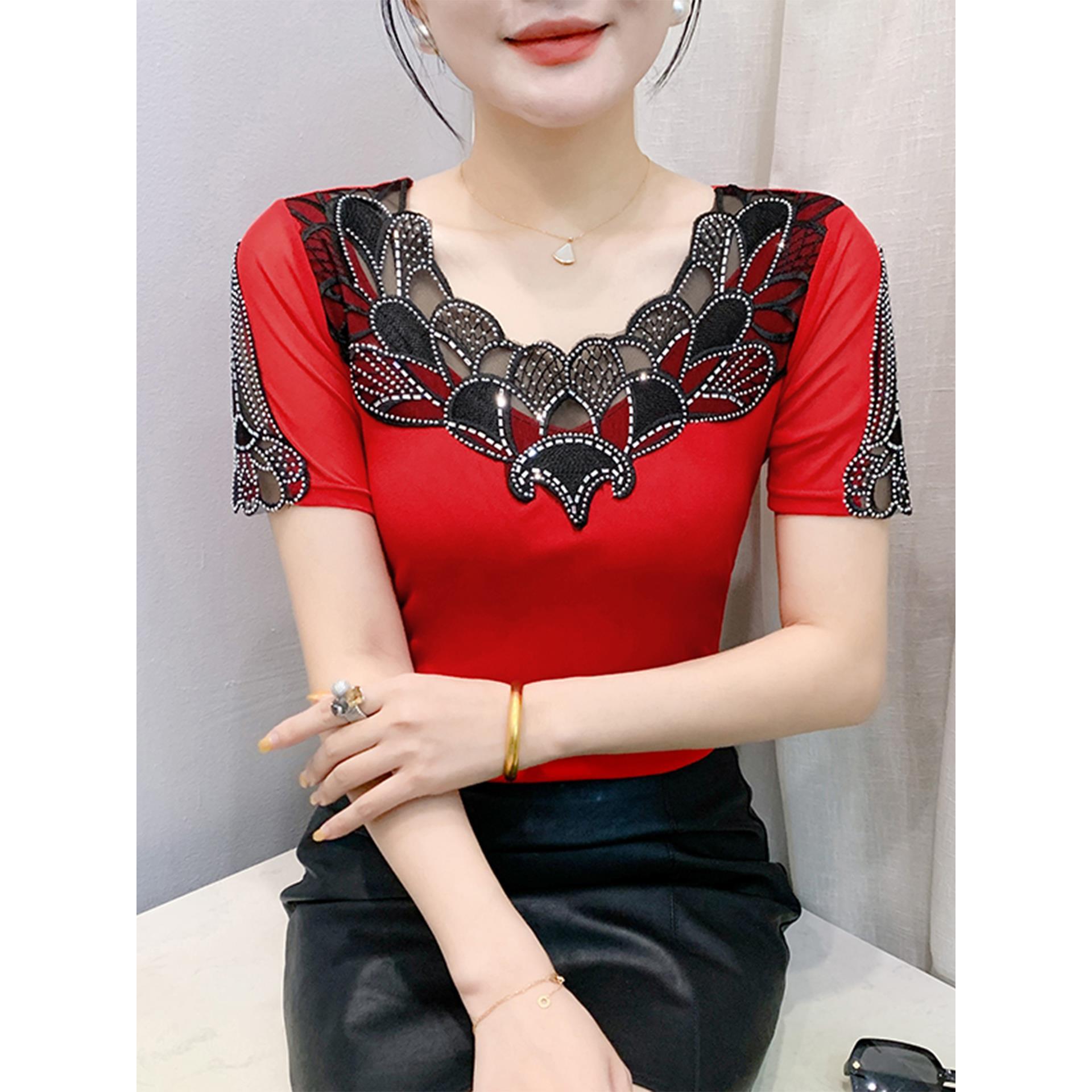 性感镂空V领网纱短袖T恤女夏季欧货时尚洋气烫钻上衣气质显瘦小衫
